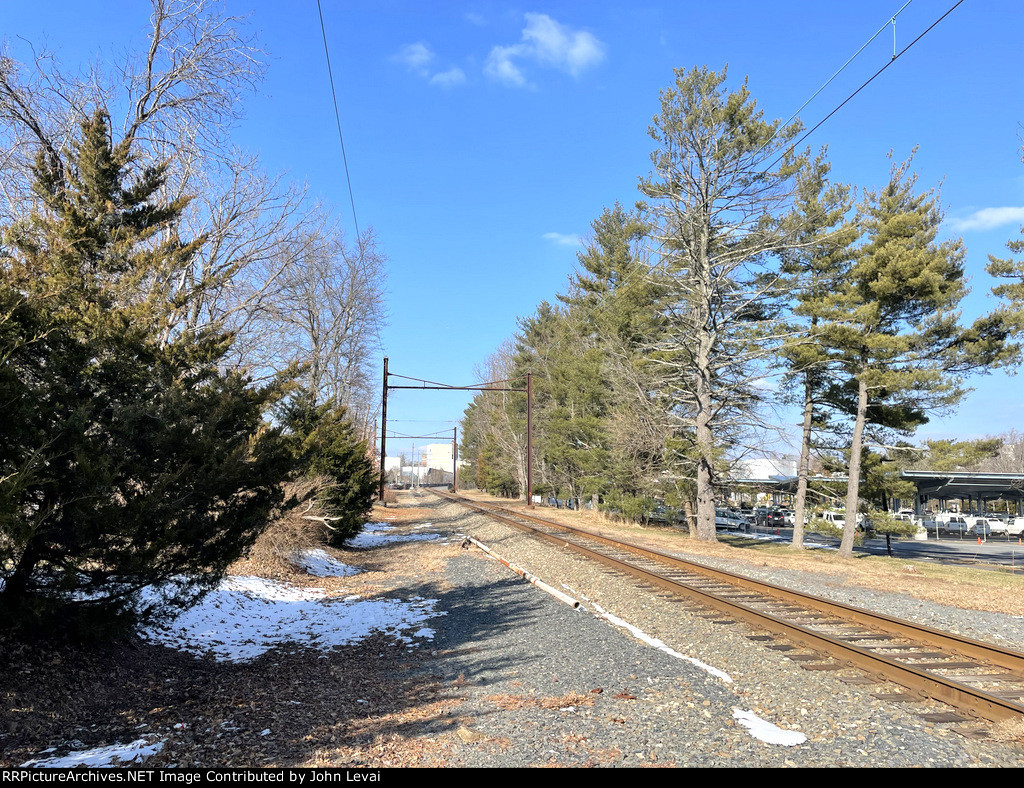 Looking west from the Faculty Road Grade Crossing along NJTs Princeton Branch, formerly the Pennsylvania Railroads Princeton Branch